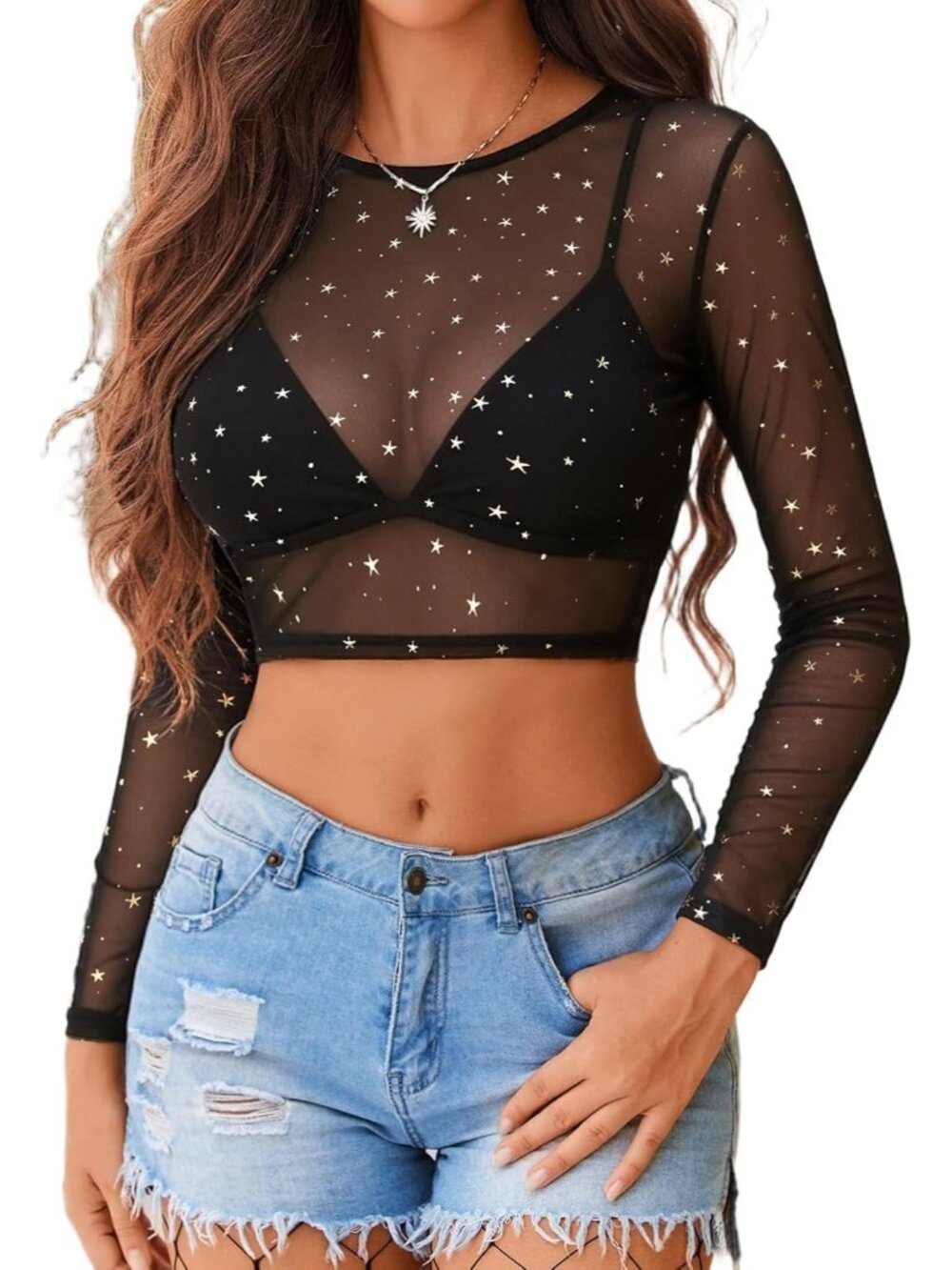 Women's K-Black Sexy Crop Top Mesh Long Sleeve See Through Clubwear Sheer